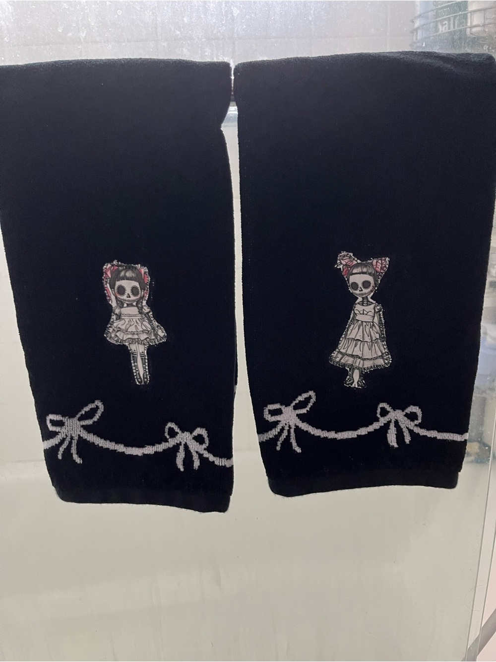 Black gothic sugar skull applique stitched on bathroom hand towels 100% cotton.